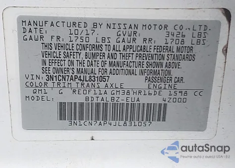 2018 Nissan Versa 1.6 Sv from USA, damaged, VIN 3N1CN7AP4JL831057